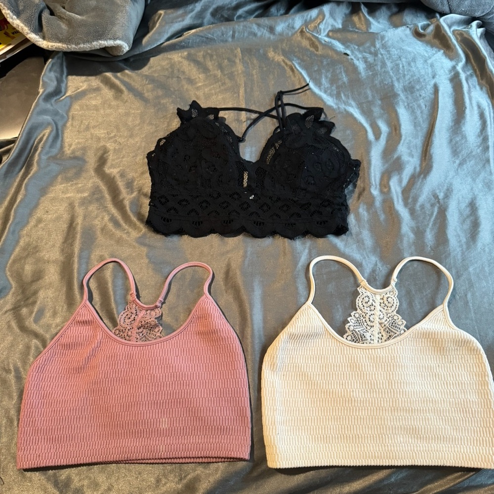 Lace and Ribbed Bralette Set - Black, Pink, White
